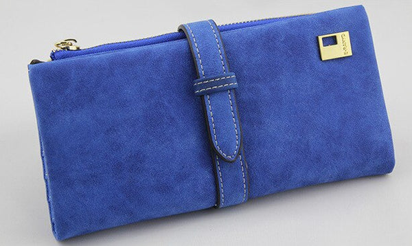 Blue - Famous Brand Long Purse Two Fold Women Wallets Drawstring Nubuck Leather Zipper Suede Wallet Ladies Carteira Feminina Clutch Bag