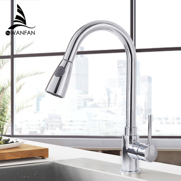 [variant_title] - Kitchen Faucets Silver Single Handle Pull Out Kitchen Tap Single Hole Handle Swivel 360 Degree Water Mixer Tap Mixer Tap 408906