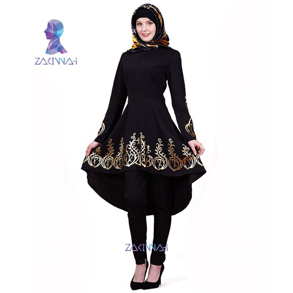 [variant_title] - ZK009 Fashion Muslim Solid color hot stamping top gilded Printing Women's clothing Middle East Ramadan Islamic Abaya