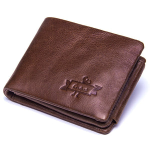 Brown H - CONTACT'S Genuine Crazy Horse Leather Men Wallets Vintage Trifold Wallet Zip Coin Pocket Purse Cowhide Leather Wallet For Mens