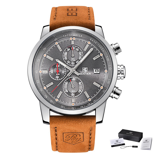 L Brown silver gray - BENYAR Fashion Chronograph Sport Mens Watches Top Brand Luxury Quartz Watch Reloj Hombre saat Clock Male hour relogio Masculino