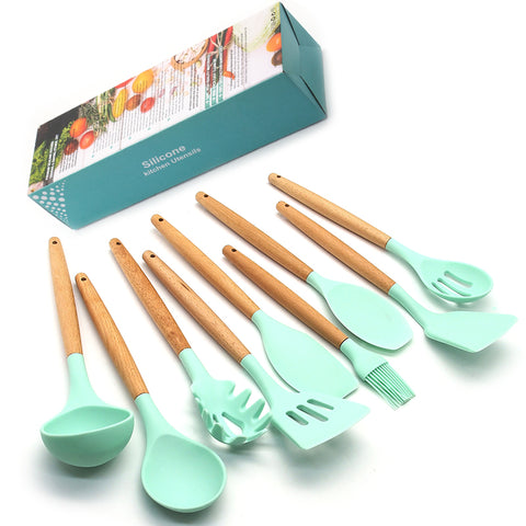 [variant_title] - Silicone Cooking Utensils Kitchen Utensil set - 9&11 Natural Wooden Silicone Cooking  Utensils - Kitchen Tools Gadgets