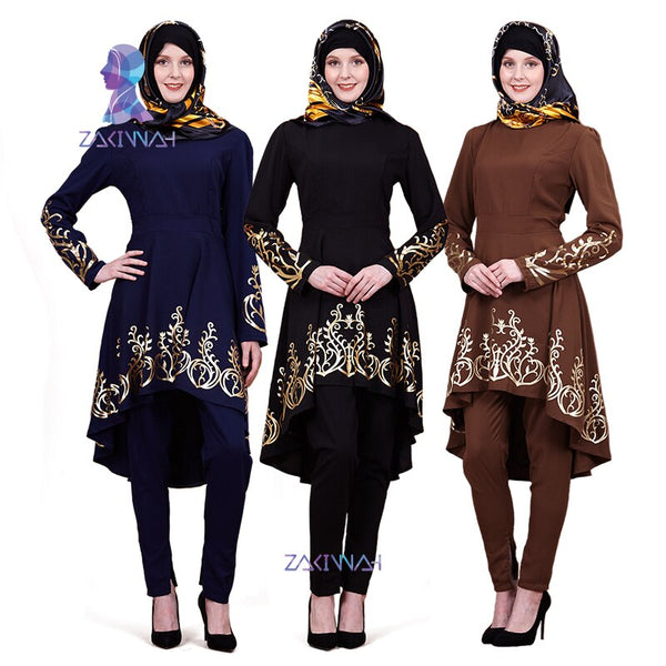 [variant_title] - ZK009 Fashion Muslim Solid color hot stamping top gilded Printing Women's clothing Middle East Ramadan Islamic Abaya