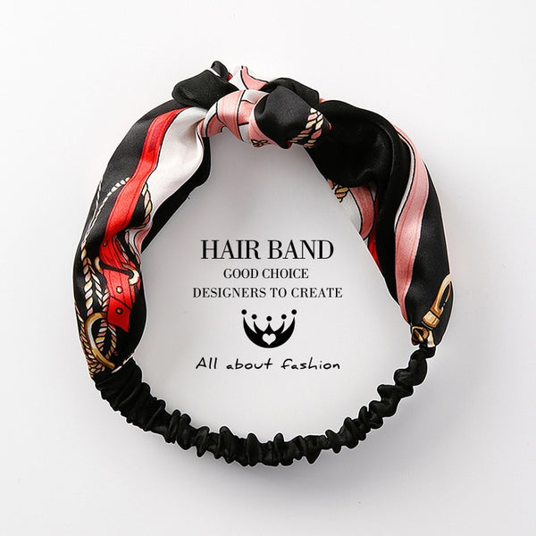 black - MENGJIQIAO Women Hair Accessories Fashion Headband Fabric Cross Knotted Bow Chiffon Floral Hair Band Korea Headdress ladies Hoop