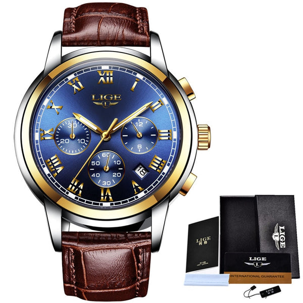 gold blue leather-29 - LIGE Watches Men Sports Waterproof Date Analogue Quartz Men's Watches Chronograph Business Watches For Men Relogio Masculino+Box