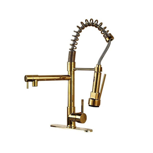 Golden with Plate - Chrome Spring Pull Down Kitchen Faucet Dual Spouts 360 Swivel Handheld Shower Kitchen Mixer Crane Hot  Cold 2 Outlet Spring Taps
