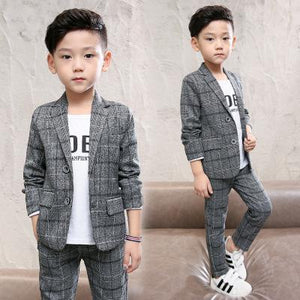 Gray / 10 - Kids Clothes 2019 new Spring autumn Long sleeve Children's suit Plaid Single Breasted  coat+ pants 3-12 years Baby Boy Clothes