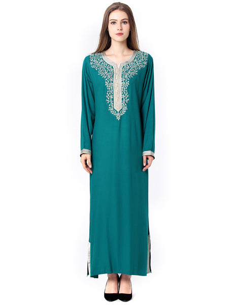 green / L - Muslim women Long sleeve hijab Dress maxi abaya jalabiya islamic women dress clothing robe kaftan Moroccan fashion embroidey1631