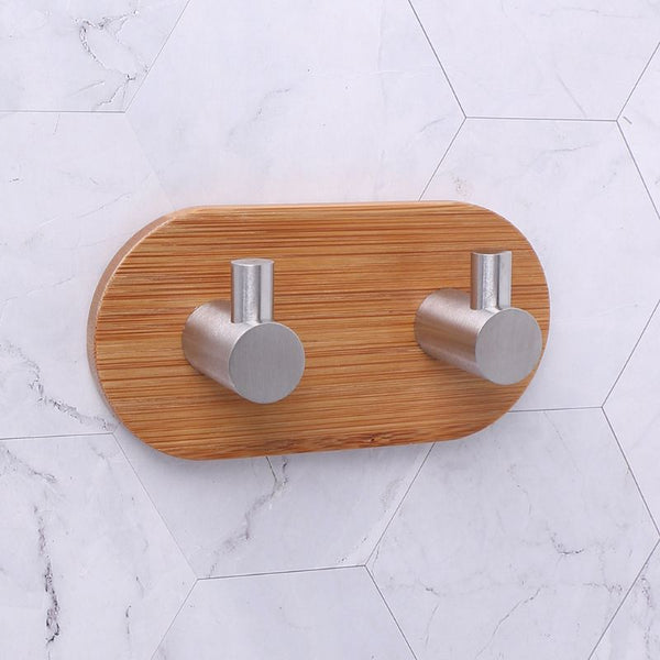 [variant_title] - Natural Bamboo Stainless Steel Wall Hook Bag Key Towel Adhesive Hanger For Kitchen Bathroom qiang