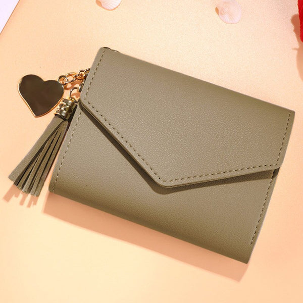 Khaki - Mini Tassel Wallet Women Fashion Purse Female Short Mini Wallets Korean Students Lovely Purse Female Small Wallet for Women