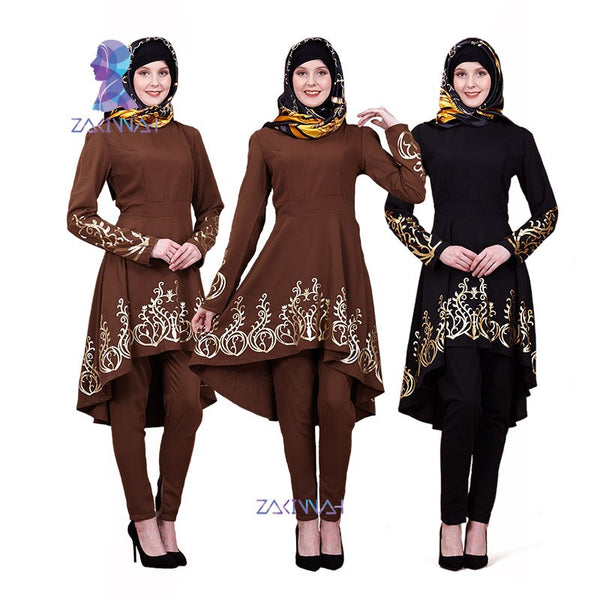 black brown brown / L - ZK009lot Muslim hot stamping top gilded Printing Women's clothing Middle East Solid color Ramadan Islamic Abaya 3pieces/lot