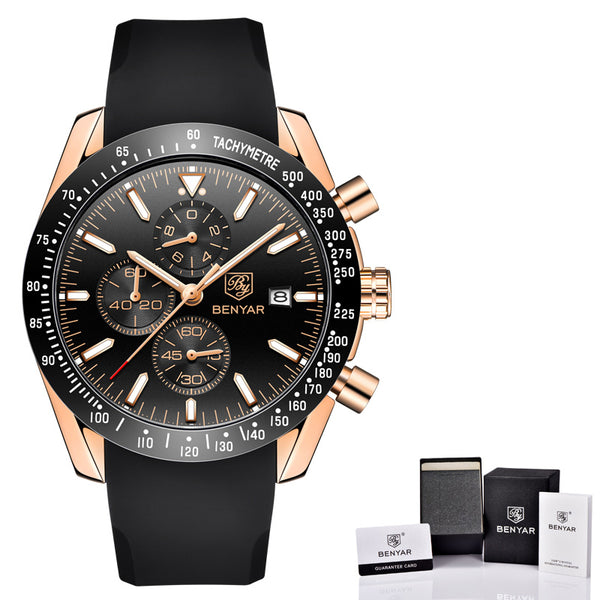 Silicon Gold Black B - BENYAR Men Watches Brand Luxury Silicone Strap Waterproof Sport Quartz Chronograph Military Watch Men Clock Relogio Masculino