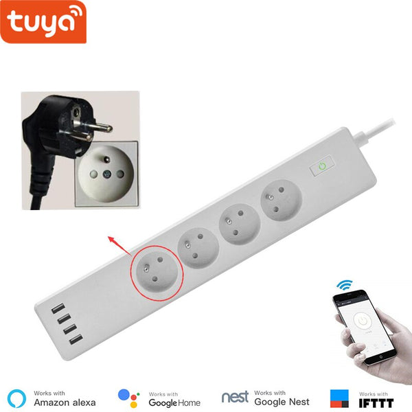 EU Type-E - Tuya smart WIFI power strip EU standard with 4 plug and 4 USB port compatible with Amazon Alexa and Google Nest