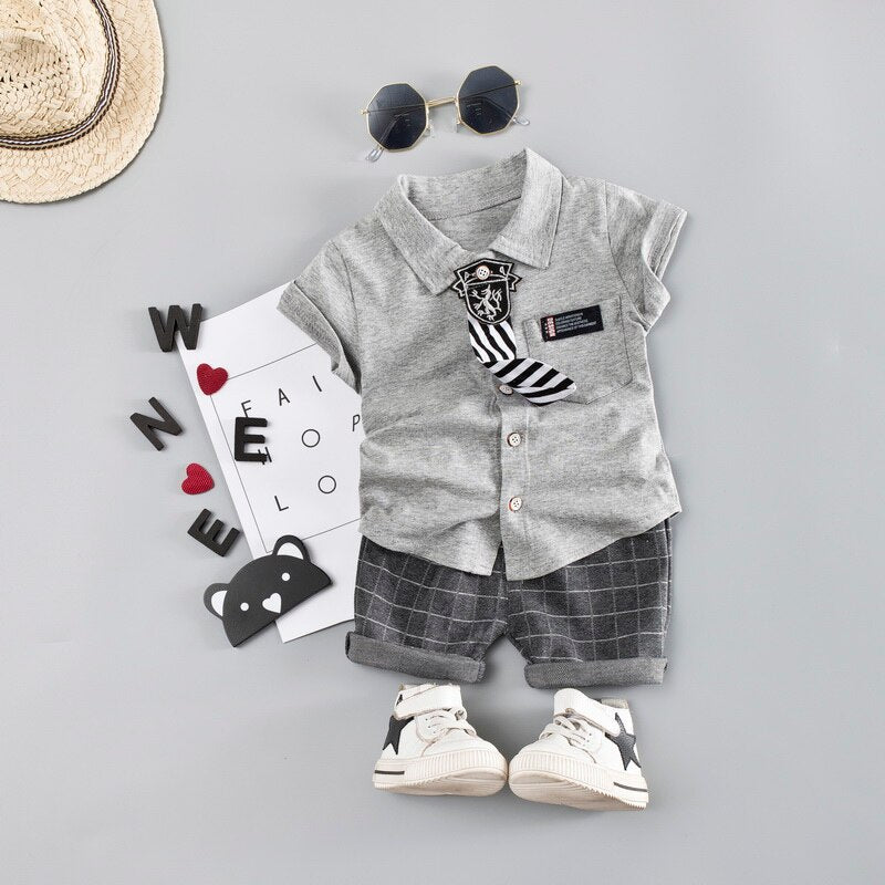 grey shirt shorts / 12M - Little Boys Party Clothing Baby 2pieces/Set Clothing Sets White Shirt with Tie + Shorts Infant Outfits Set Baby Clothes Suit