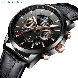 black gold - CRRJU New Fashion Men Watches Analog Quartz Wristwatches 30M Waterproof Chronograph Sport Date Leather Band Watches montre homme