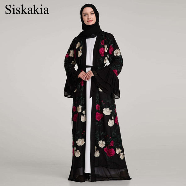 [variant_title] - Siskakia Fashion Muslim Women Abaya Spring 2019 New Arrival Muslimah Caftans and Jubah Black lace Floral Embroidery Flare Sleeve