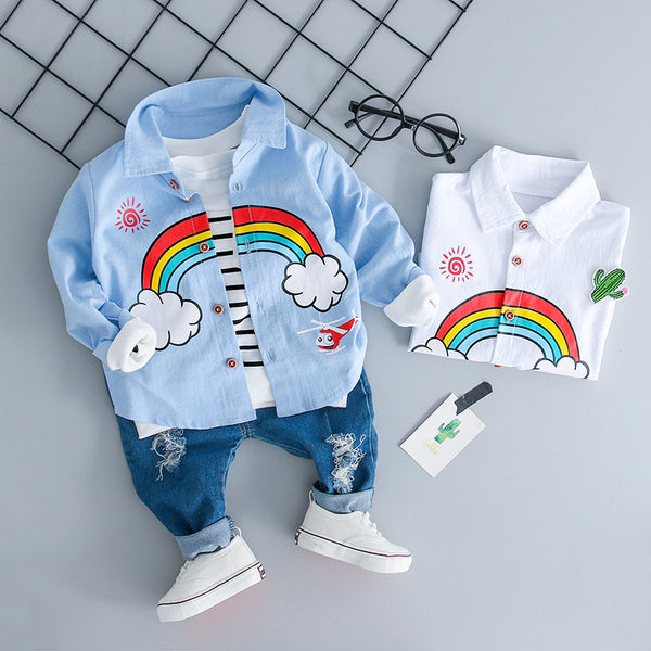 [variant_title] - HYLKIDHUOSE Children Clothing Sets Autumn Baby Girl Boy Clothes Suits Rainbow Shirt Holes Jeans Infant Casual Kid Clothes Suits