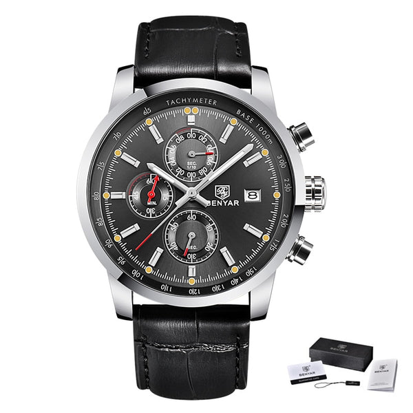 L Black Silver Grey - BENYAR Fashion Chronograph Sport Mens Watches Top Brand Luxury Quartz Watch Reloj Hombre saat Clock Male hour relogio Masculino