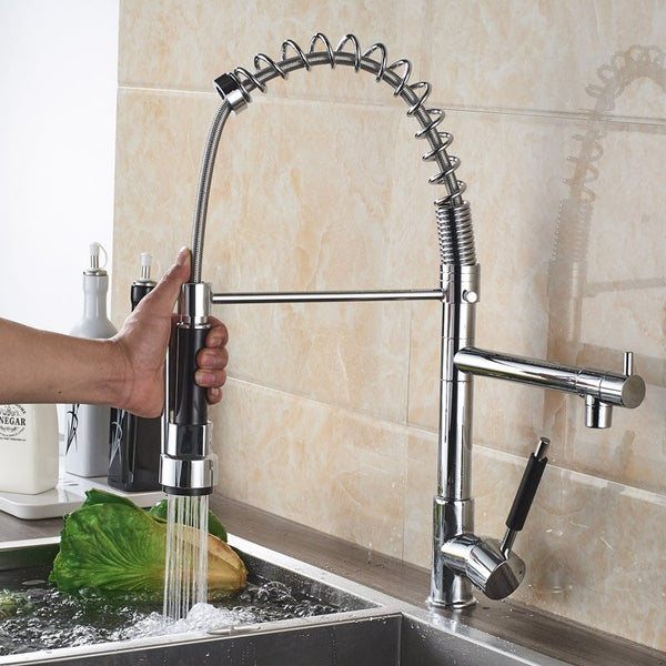 [variant_title] - Chrome Spring Pull Down Kitchen Faucet Dual Spouts 360 Swivel Handheld Shower Kitchen Mixer Crane Hot  Cold 2 Outlet Spring Taps