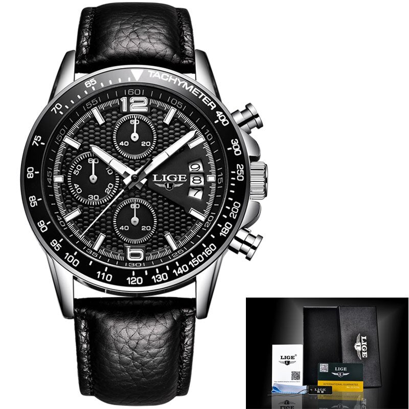 leather Silver black - 2018 New LIGE Mens Watches Top Brand Luxury Stopwatch Sport waterproof Quartz Watch Man Fashion Business Clock relogio masculino