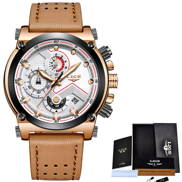 Gold White - LIGE Fashion Mens Watches Top Brand Luxury Casual Sport Quartz Watch Men Leather Waterproof Military Wristwatch Relogio Masculio