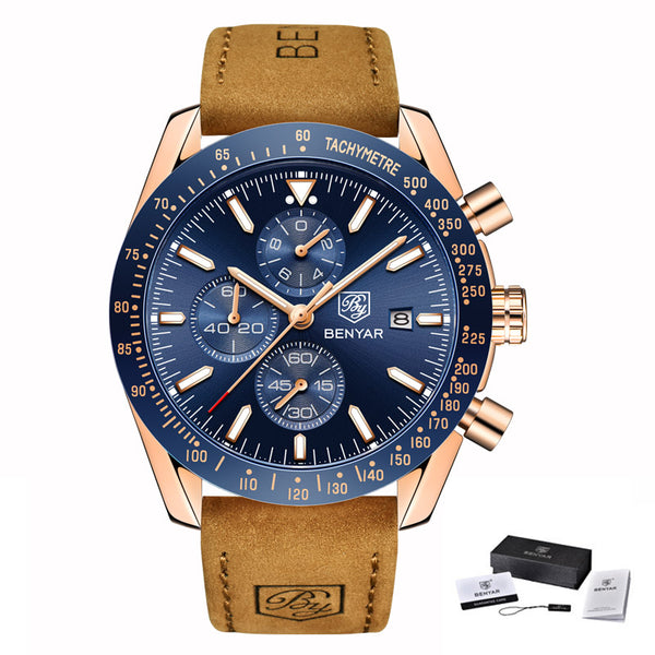 L Brown Gold Blue B - BENYAR Men Watches Brand Luxury Silicone Strap Waterproof Sport Quartz Chronograph Military Watch Men Clock Relogio Masculino