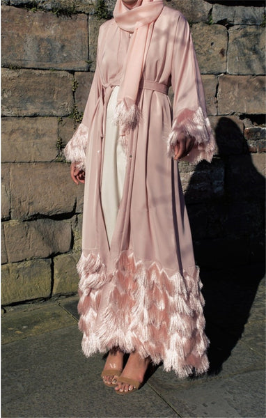 Pink / L - Tassel Kaftan Dubai Abaya Kimono Robe Muslim Hijab Dress Abayas For Women Caftan Marocain Qatar Elbise Turkish Islamic Clothing