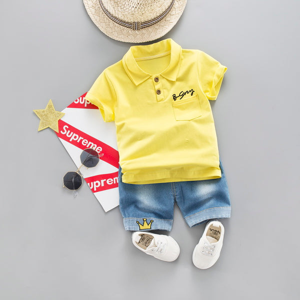 [variant_title] - baby boys summer clothes newborn children clothing sets for boy short sleeve shirts + jeans cool denim shorts suit