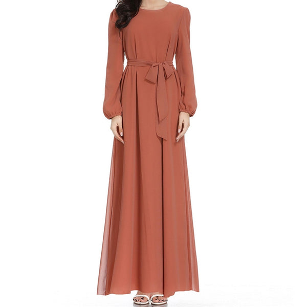 Coffee / L - Women Islamic Muslim Abaya Maxi Dress Long Sleeve Muslim Maxi Dress Trumpet Sleeve Abaya Long Robe Gowns Tunic Belt  Z416