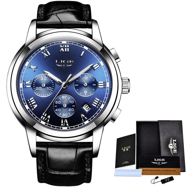 silver blue leather - LIGE Watches Men Sports Waterproof Date Analogue Quartz Men's Watches Chronograph Business Watches For Men Relogio Masculino+Box