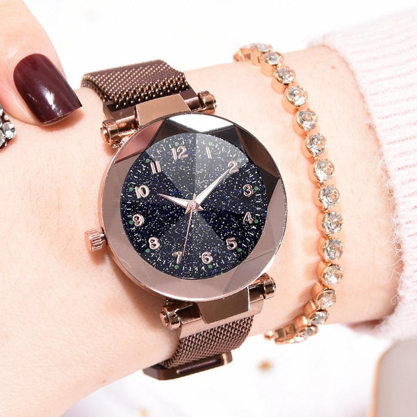 Coffee - Watches Women Fashion Luxury Stainless Steel Magnetic Buckle Strap Refractive surface Luminous Dial Ladies Quartz Watch