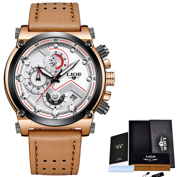 Silver White - LIGE Fashion Mens Watches Top Brand Luxury Casual Sport Quartz Watch Men Leather Waterproof Military Wristwatch Relogio Masculio