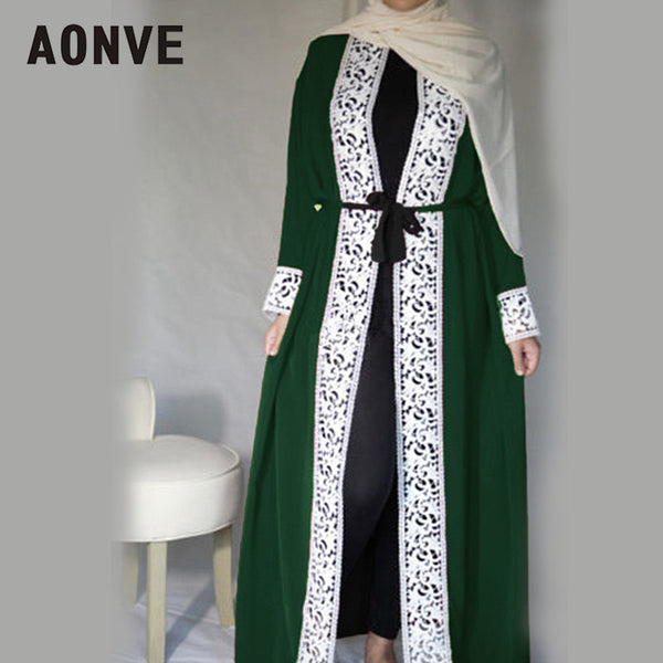 Green / L - Aonve Long Lace Red Abayas Islamic Women Djellaba Dubai Lace Turkish Robes Arab Ladies Open Kaftan Muslim Moroccan Black Abaya