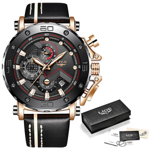 Rose gold black - 2019LIGE New Fashion Mens Watches Top Brand Luxury Big Dial Military Quartz Watch Leather Waterproof Sport Chronograph Watch Men