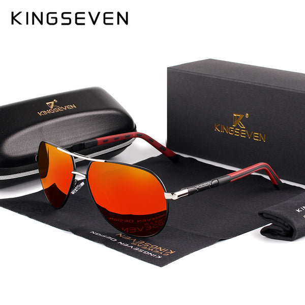 Silver Red - KINGSEVEN Men Vintage Aluminum Polarized Sunglasses Classic Brand Sun glasses Coating Lens Driving Shades For Men/Wome
