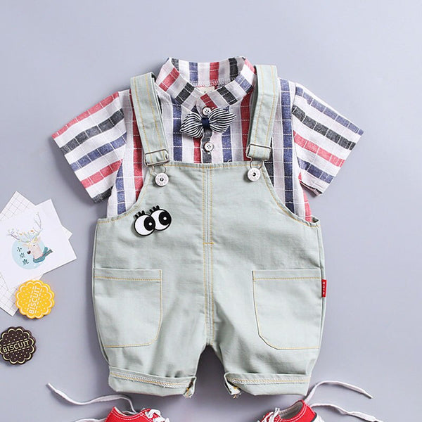 Green / 12M - Baby Boy Summer Clothes Set for Toddler Kids Clothing lattice Short Sleeve shirt + Bib pants Boy Suit 1 2 3 4 Years