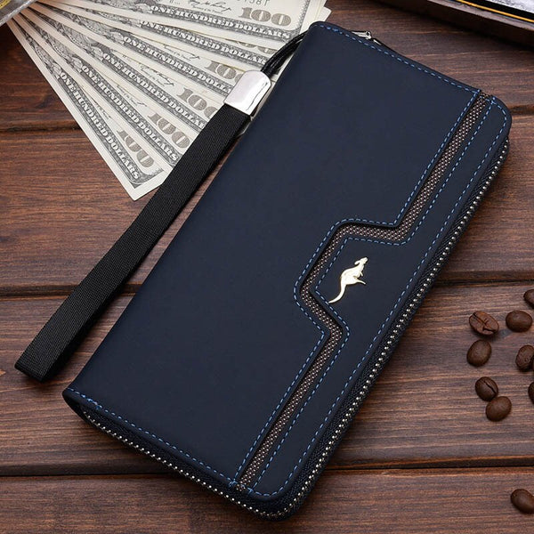 Blue C - New Men Leather Wallet High Quality Zipper Wallets Men Long Purse Male Clutch Phone Bag Wristlet Coin Purse Card Holder MWS184