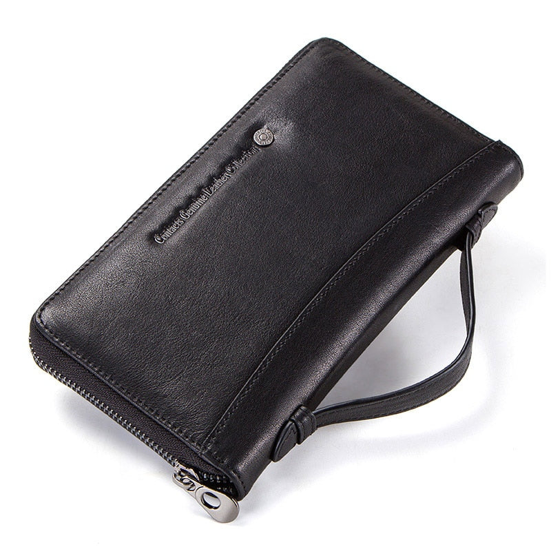 Black - Genuine Leather Men Clutch Wallet  Brand Male Card Holder Long  Zipper Around Travel Purse With Passport Holder 6.5" Phone Case