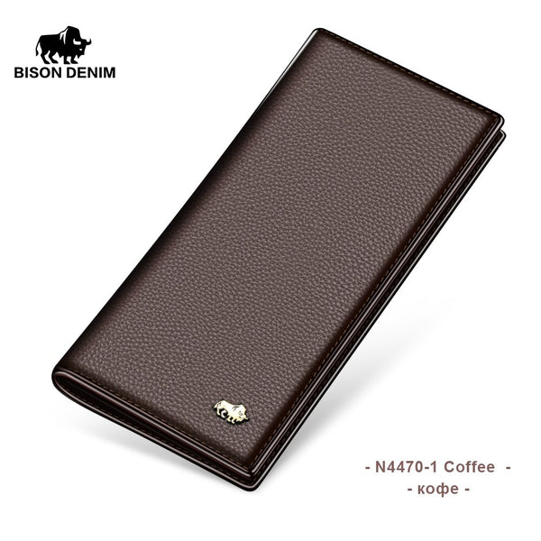 N4470 Coffee - BISON DENIM Cowskin Long Purse For Men Wallet Business Men's Thin Genuine Leather Wallet Brand Design Slim Wallets N4470&N4391