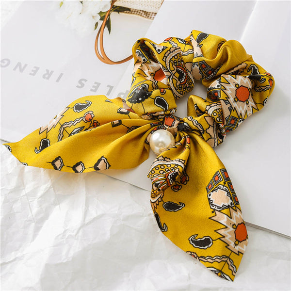 Yellow Pearl 3 - New Chiffon Bowknot Elastic Hair Bands For Women Girls Pearl Scrunchies Headband Hair Ties Ponytail Holder Hair Accessories