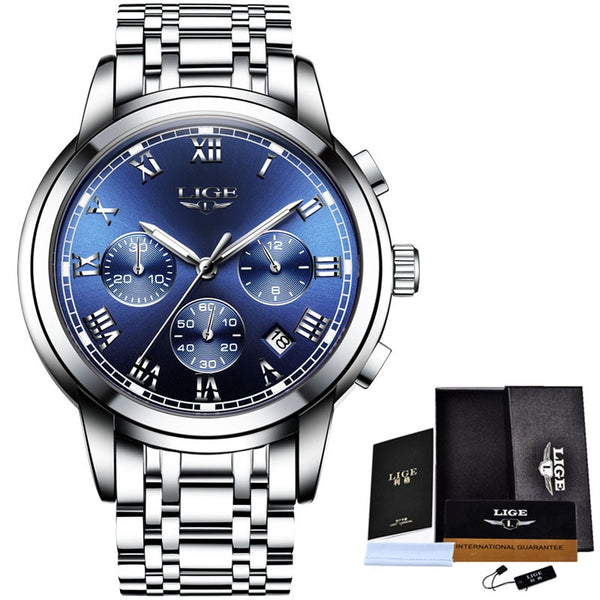 silver blue steel - LIGE Watches Men Sports Waterproof Date Analogue Quartz Men's Watches Chronograph Business Watches For Men Relogio Masculino+Box