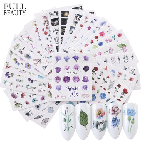 [variant_title] - 24pcs Watercolor Floral Flower Sticker Nail Decal Set Flamingo Letter Design Gel Manicure Decor Water Slider Foil CHSTZ683-706-1