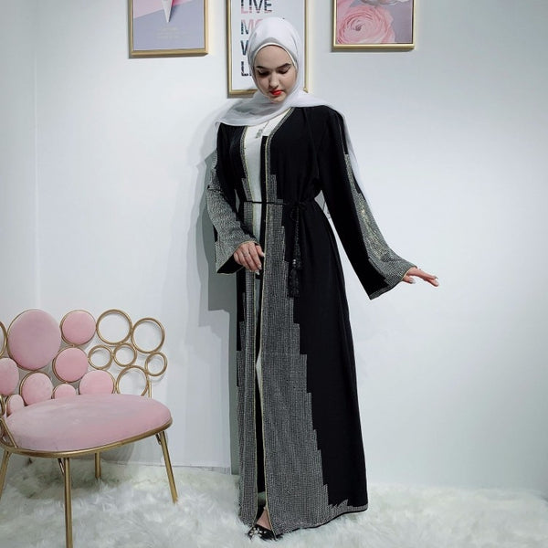 black / L - Luxurious Femme Kimono Kaftan Handstudded Robe Dubai Islam Muslim Hijab Dress Abayas Caftan Marocain Qatar Oman Turkey  Clothing