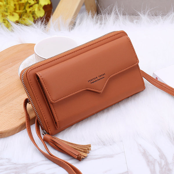 Brown - Phone Bag Women Wallets Leather Shoulder Bag Long Culutch Fashion Large Capacity Card Holder Female Zipper Wallet Slim Purse