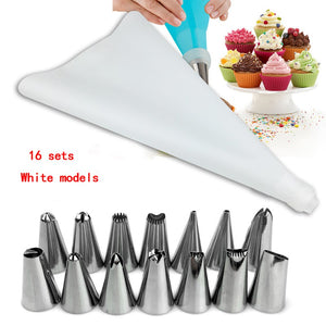 A - 16 PCS  Silicone Icing Piping Cream Pastry Bag Stainless Steel Converter Cookie Assortment Flower Decoration DIY Cake Bake-ware