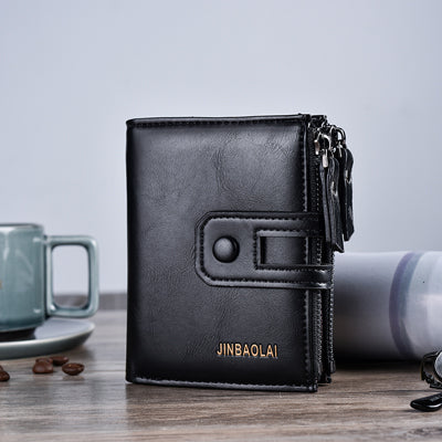 Black - JINBAOLA Men Wallet Brand Wallet Double Zipper&Hasp Design Small Wallet  Male High Quality Short Card Holder Coin Purse Carteira