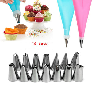 [variant_title] - 16 PCS  Silicone Icing Piping Cream Pastry Bag Stainless Steel Converter Cookie Assortment Flower Decoration DIY Cake Bake-ware