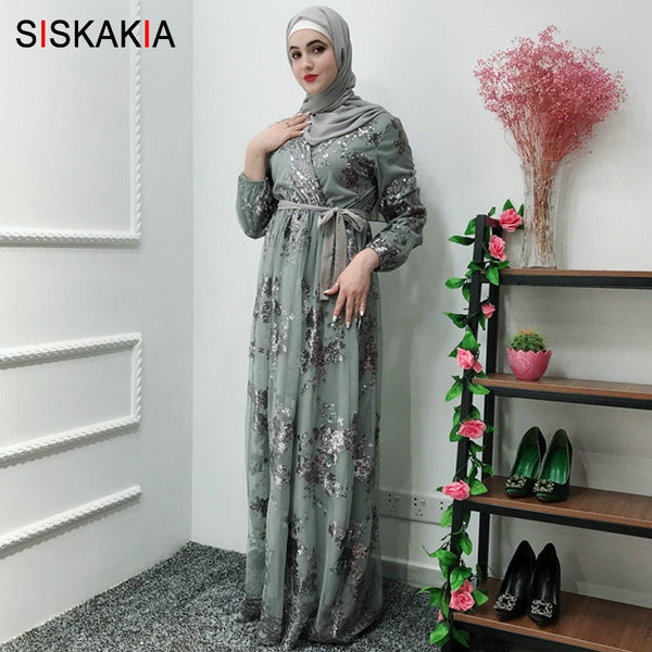 [variant_title] - Siskakia Fashion Muslim Abaya Dress Metal Color High Grade Lace Hot Stamp Dubai Robe Arab Islam Elegant Party Dress Summer 2019