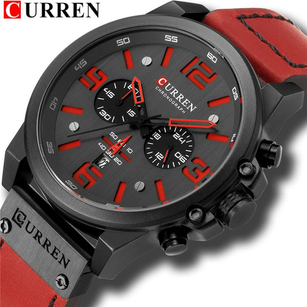 black red - CURREN Mens Watches Top Luxury Brand Waterproof Sport Wrist Watch Chronograph Quartz Military Genuine Leather Relogio Masculino