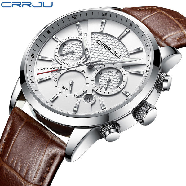 silver white - CRRJU New Fashion Men Watches Analog Quartz Wristwatches 30M Waterproof Chronograph Sport Date Leather Band Watches montre homme